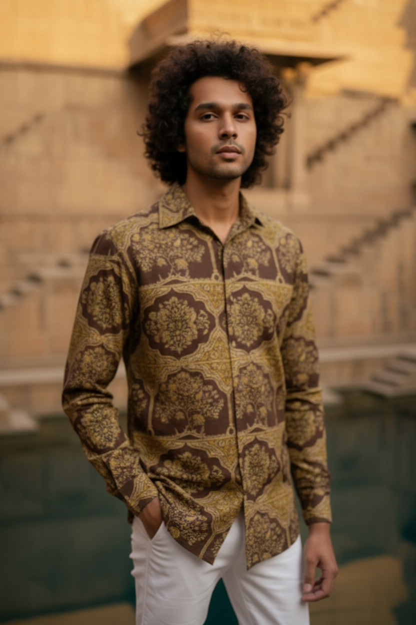 Brown And  Mustard Ajrakh Print Shirt