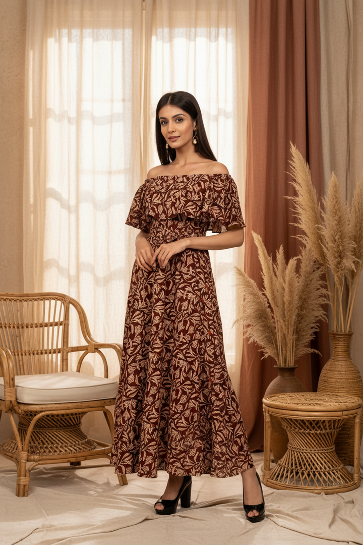 chocolate-brown-off-shoulder-dress