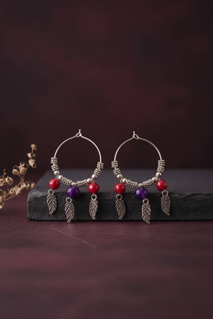 Circle Hoops With Red Ghungroo And Hanging Leaves