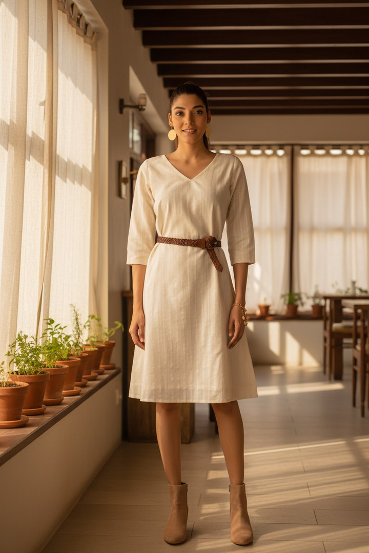 cream-cotton-silk-woven-striped-dress
