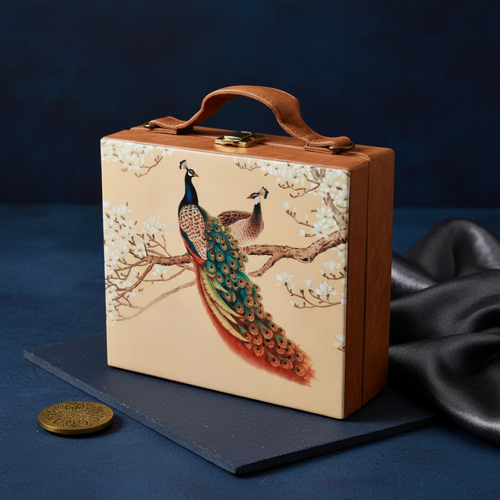 Cream Digital Peacock Print Suitcase Clutch