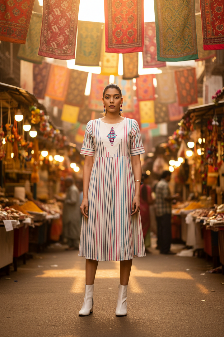 cream-and-colorful-striped-woven-dress