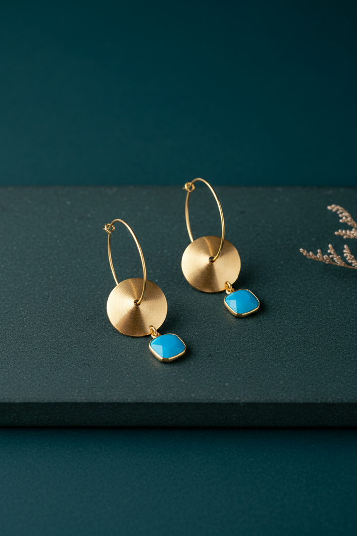 Delicate Round Disc Ocean Blue Stone Hoops