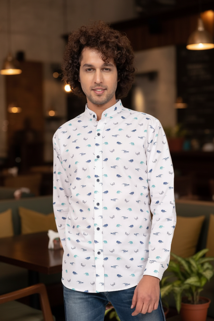White and Blue Dinosaur Print Shirt