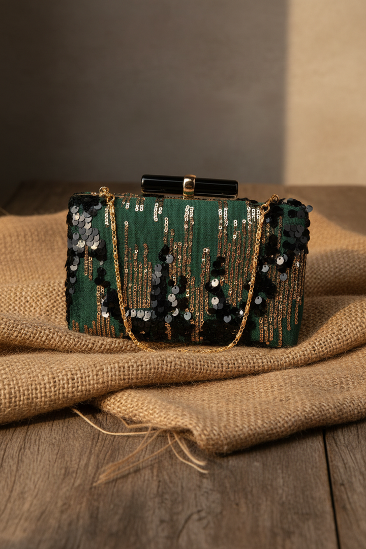 Forest Green and Gold Sequins Clutch