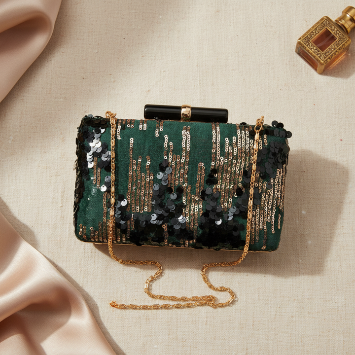Forest Green and Gold Sequins Clutch