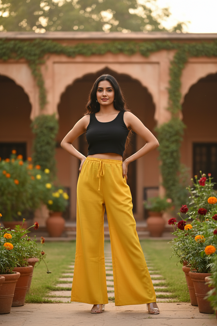 Yellow Cotton Palazzo for Women | Loose Fit | All-Day Comfort | Soft &amp; Flowy