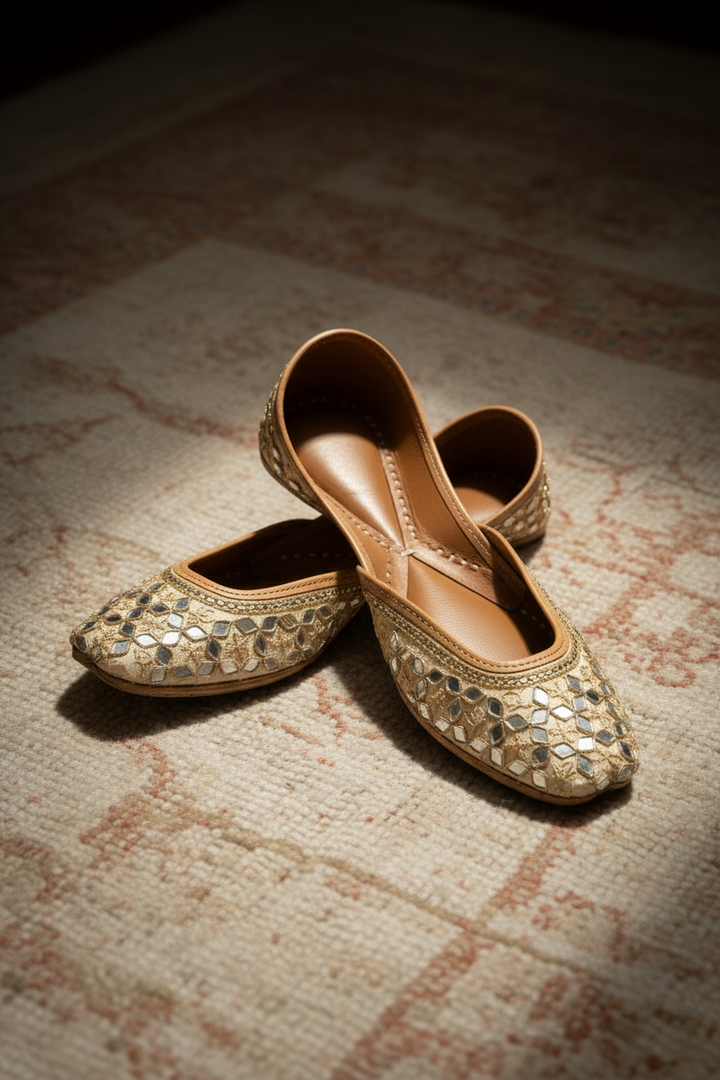 Golden Silk Juttis - Light Earthy Background
