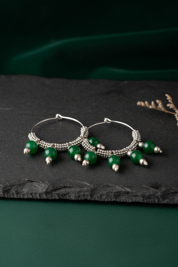 Green Beaded Classic Dangler Hoops Earrings