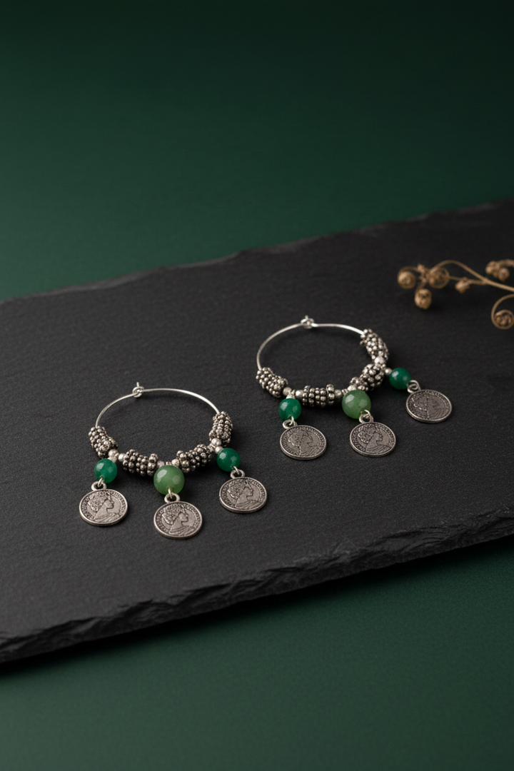 Green Dangler Hoops With Elizabeth Coins