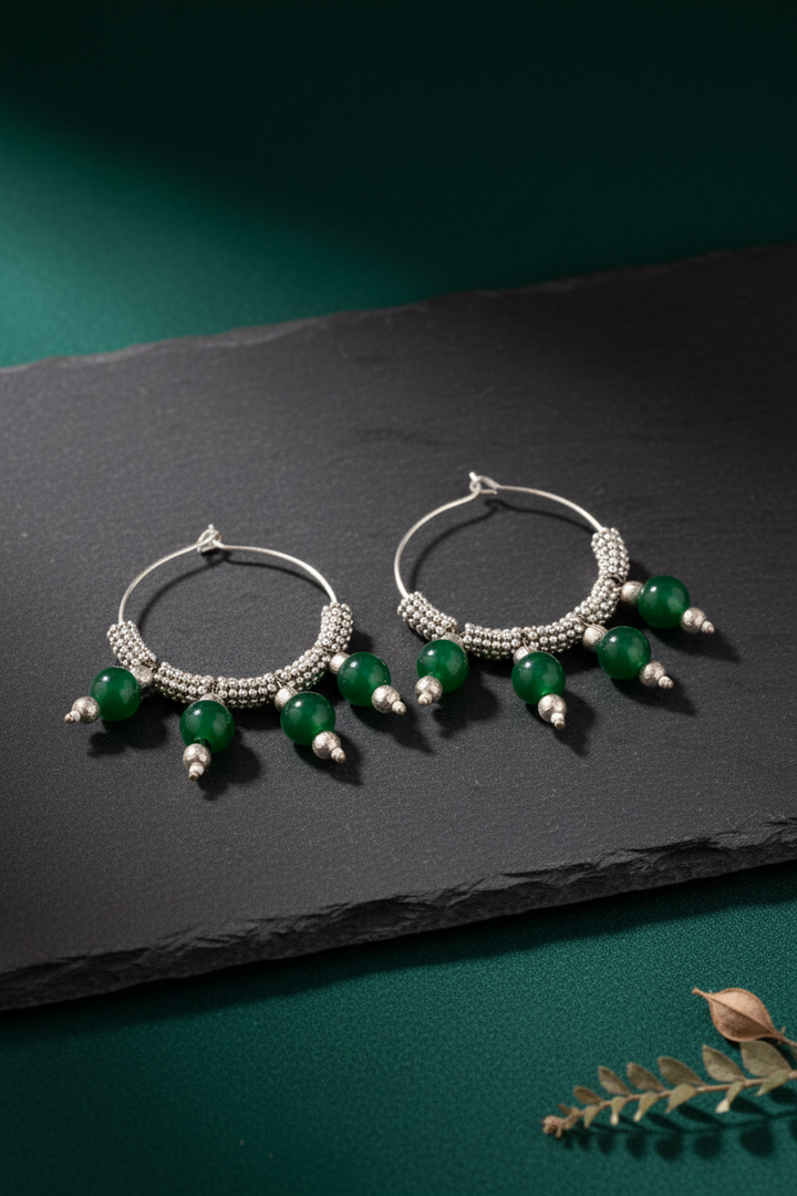 Green Oxidised Silver Hoop Earrings