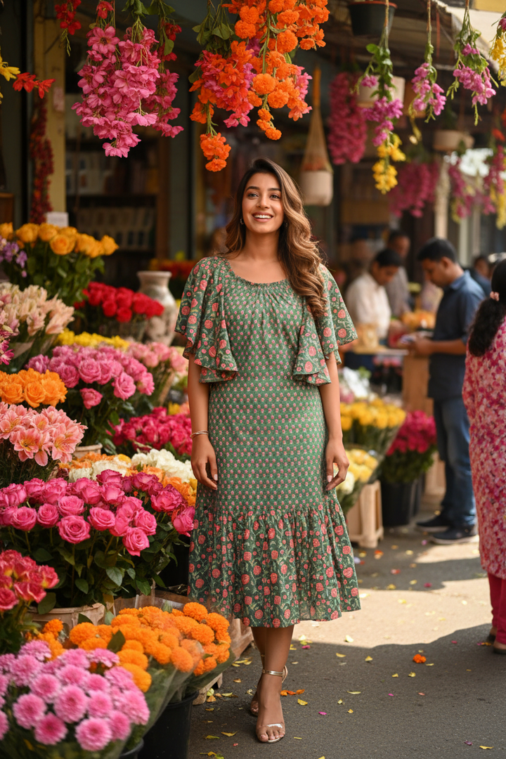 green-and-peach-printed-frill-dress