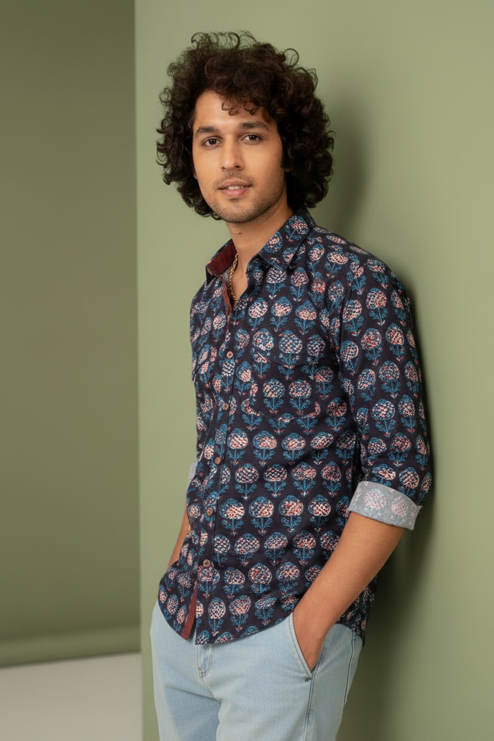 Indigo Hand Block Jaota Print Shirt