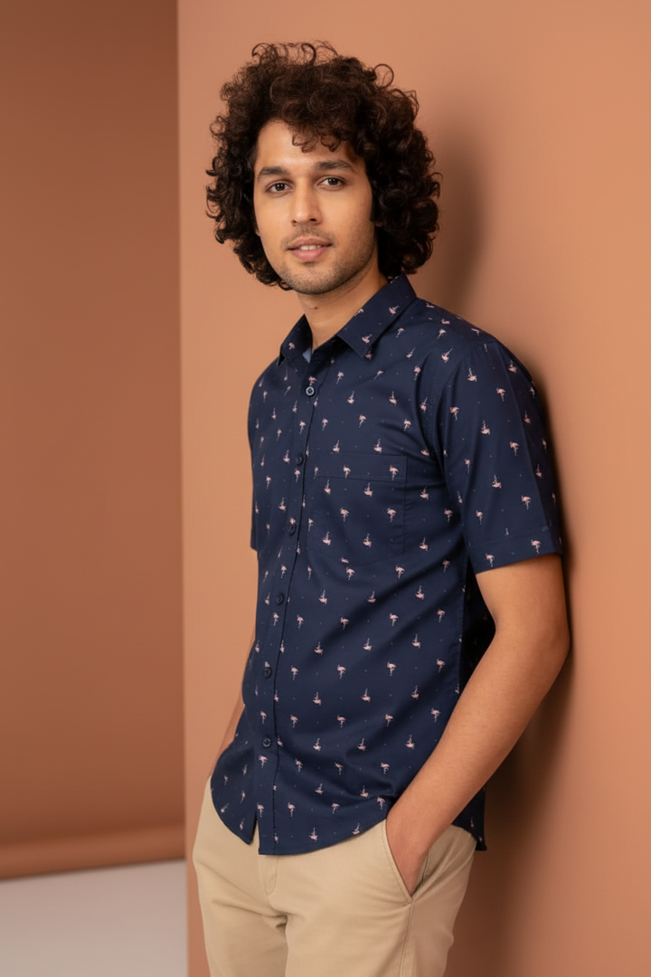 Navy Blue Bird Print Shirt