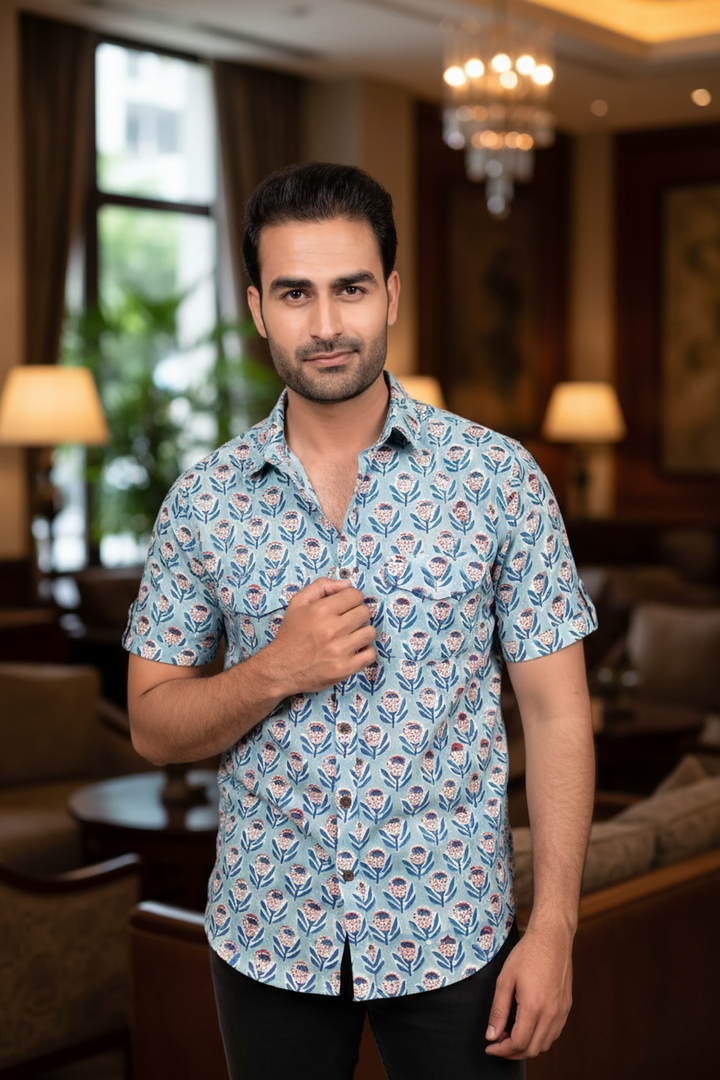 Light Blue Hand Block Print Shirt
