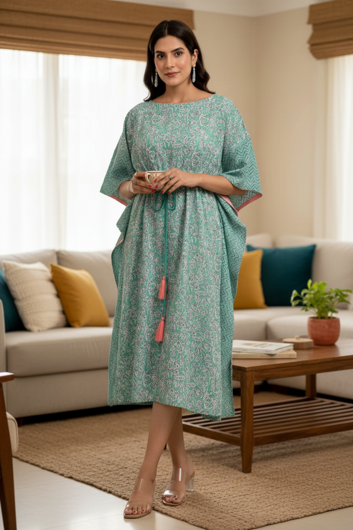 Sea Green and White Floral Print Kaftan