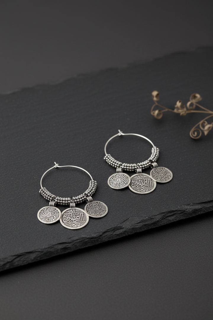 Mughal Calligraphy Oxidised Hoop Earrings