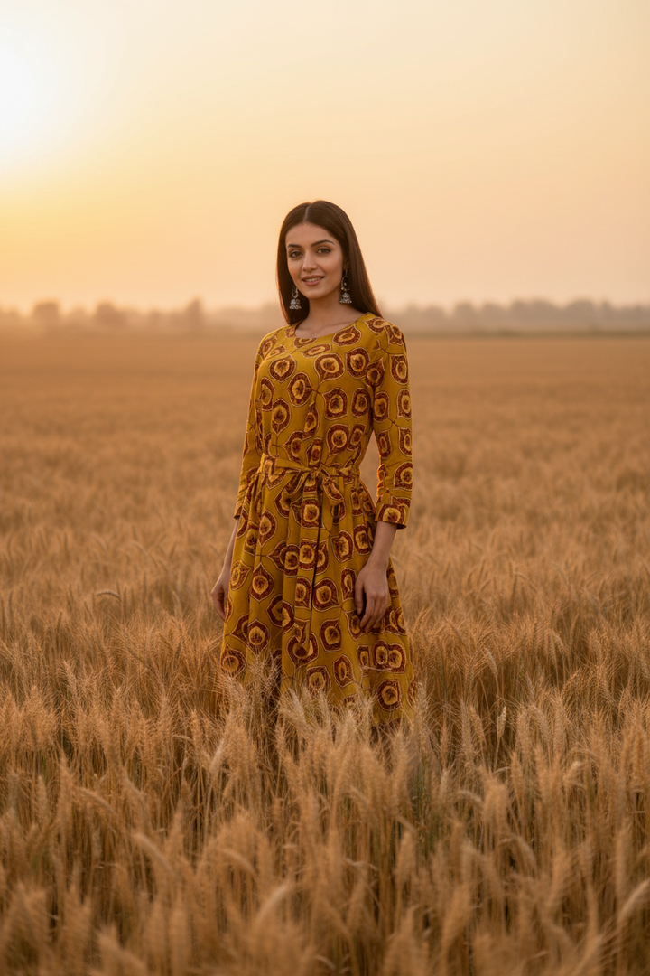mustard-ajrakh-flared-dress