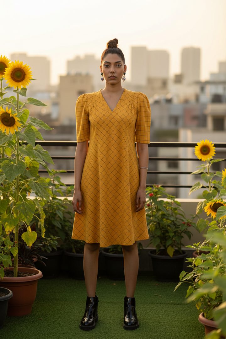 mustard-yellow-woven-checked-dress