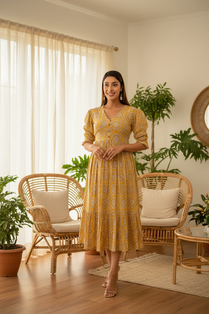 mustard-yellow-printed-tiered-long-dress
