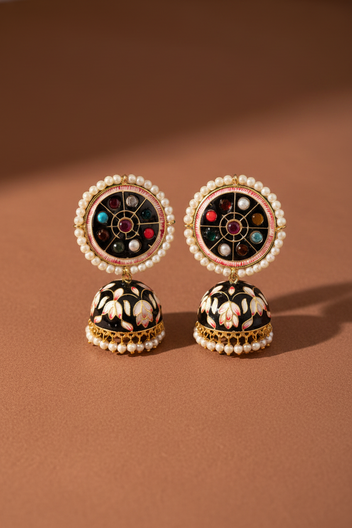 Navratan Stones With Floral Design Jhumki