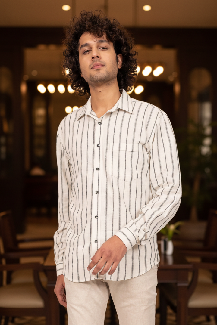 Off White And Black Linen Shirt
