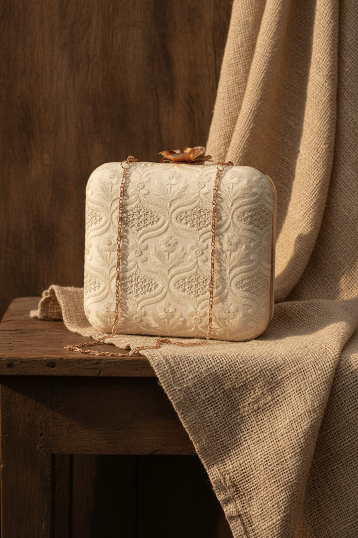 Off White and Silver Silk Clutch