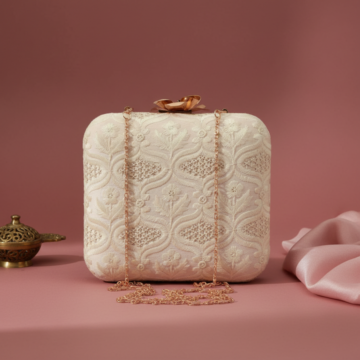 Off White and Silver Silk Clutch