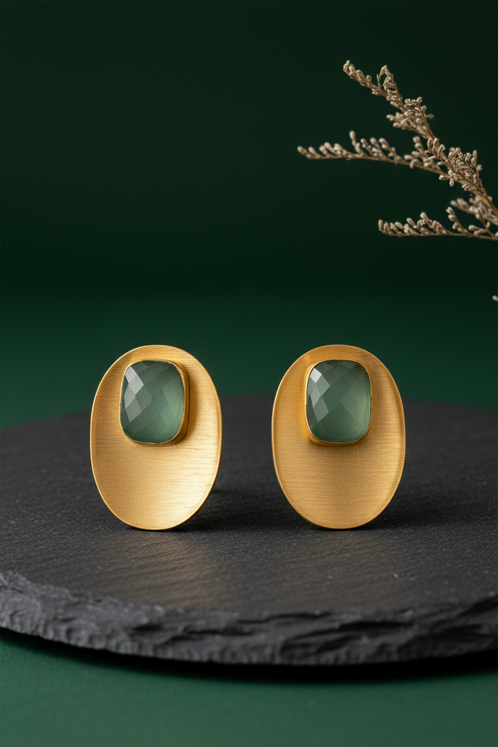 Oval Shaped Green And Golden Colour Earrings