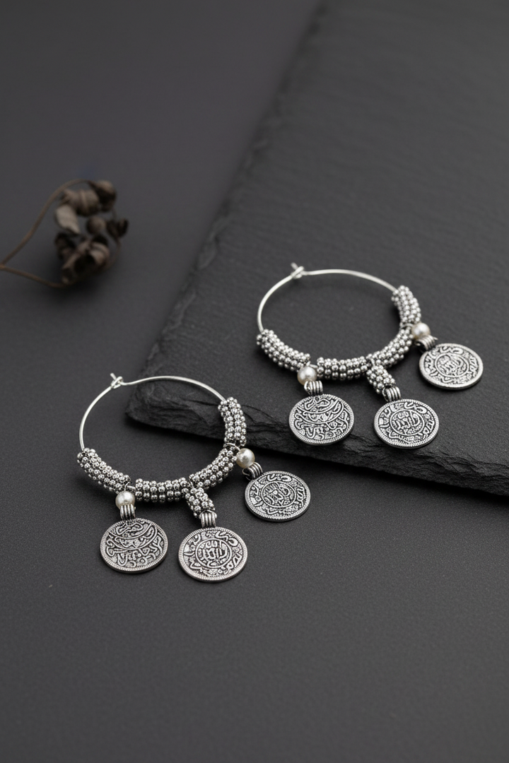 Oxidised Silver Hoop Earring With Elizabeth Coins