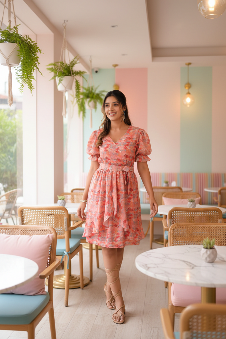 peach-multicoloured-geometric-printed-cascade-short-dress