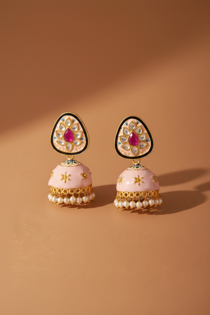 Pink Coloured Kundan Meena Jhumki