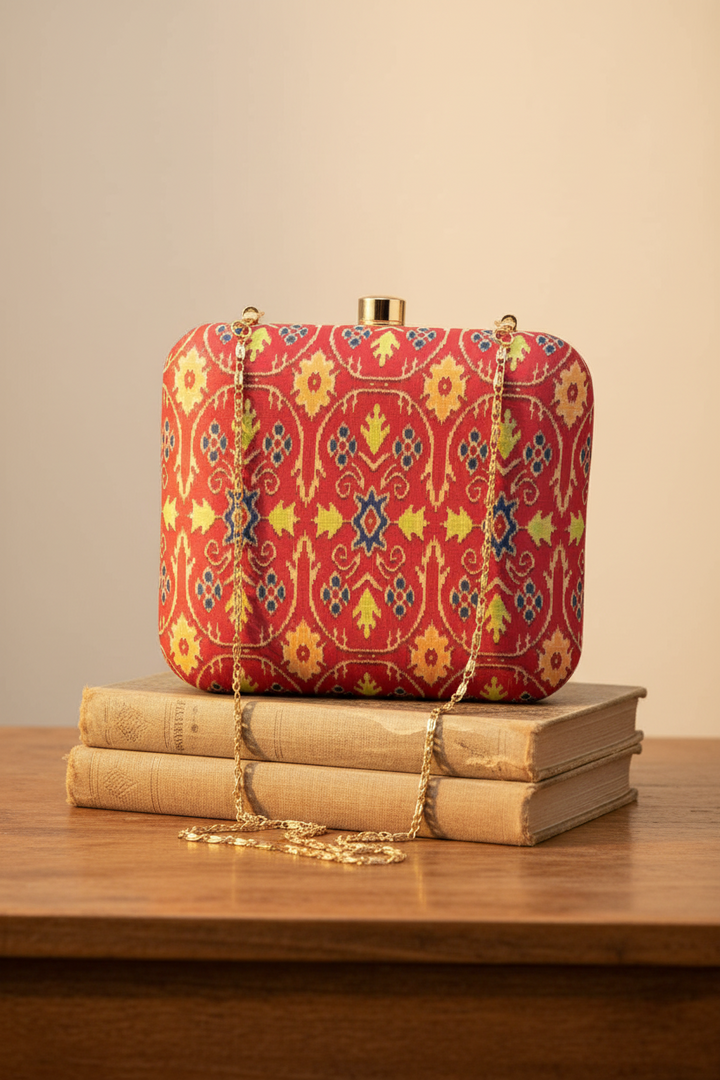 Pink and Yellow Ikat Print Silk Clutch