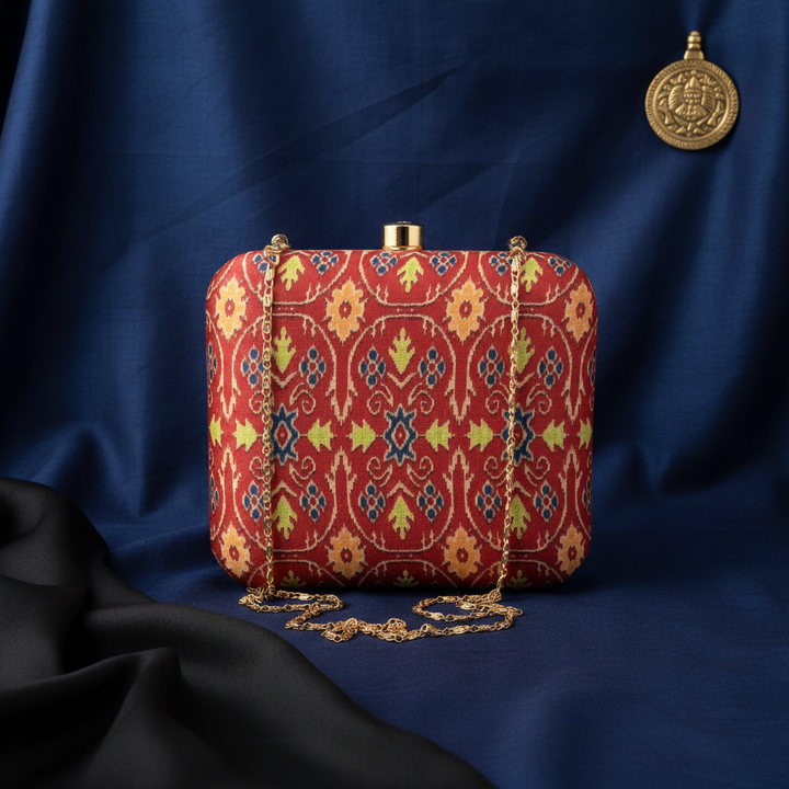 Pink and Yellow Ikat Print Silk Clutch