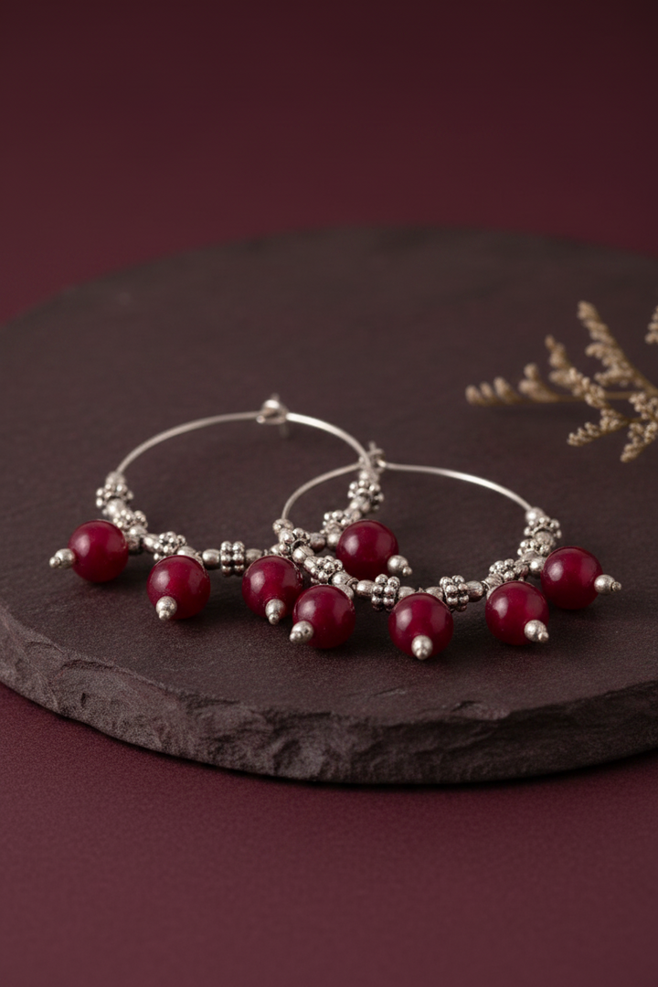 Red Beads Silver Plated Dangler Hoops