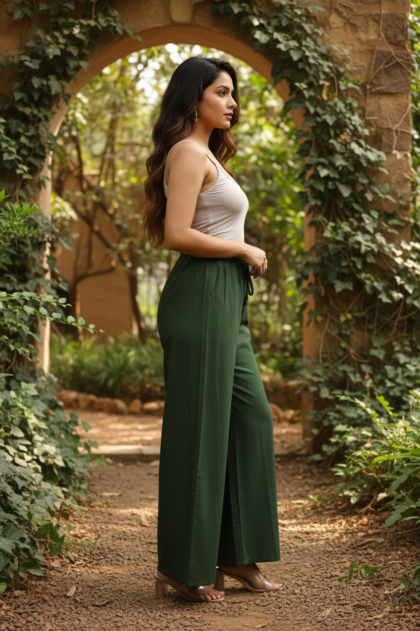 Olive Green Cotton Palazzo for Women | Loose Fit | All-Day Comfort | Soft &amp; Flowy
