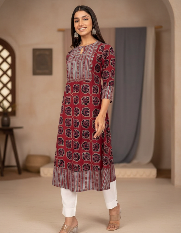 Maroon Ajrakh Print Cotton Kurta