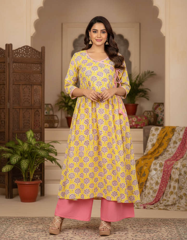 Yellow and Pink Hand Block Print Cotton Kurta