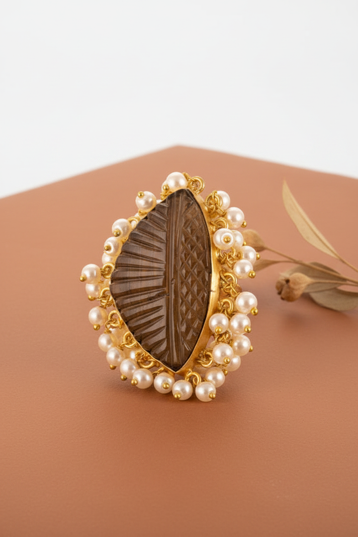 Brown Coloured Pearls Decorated Hand Ring