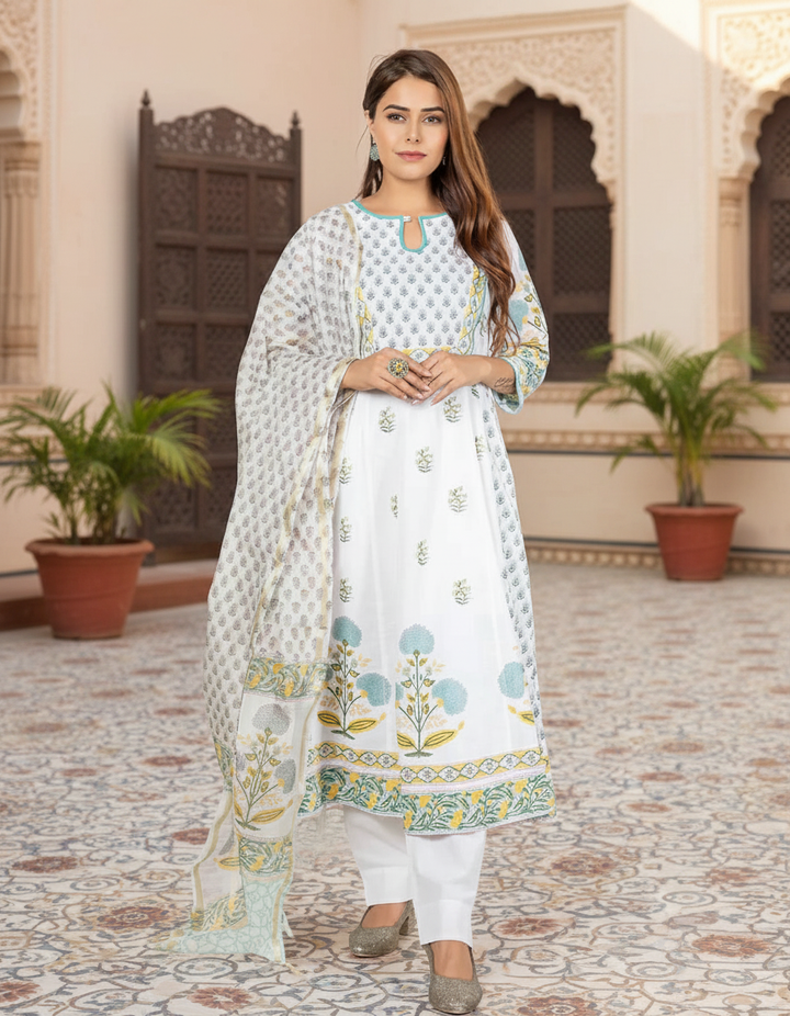 White and Yellow Cotton Kurta with Dupatta