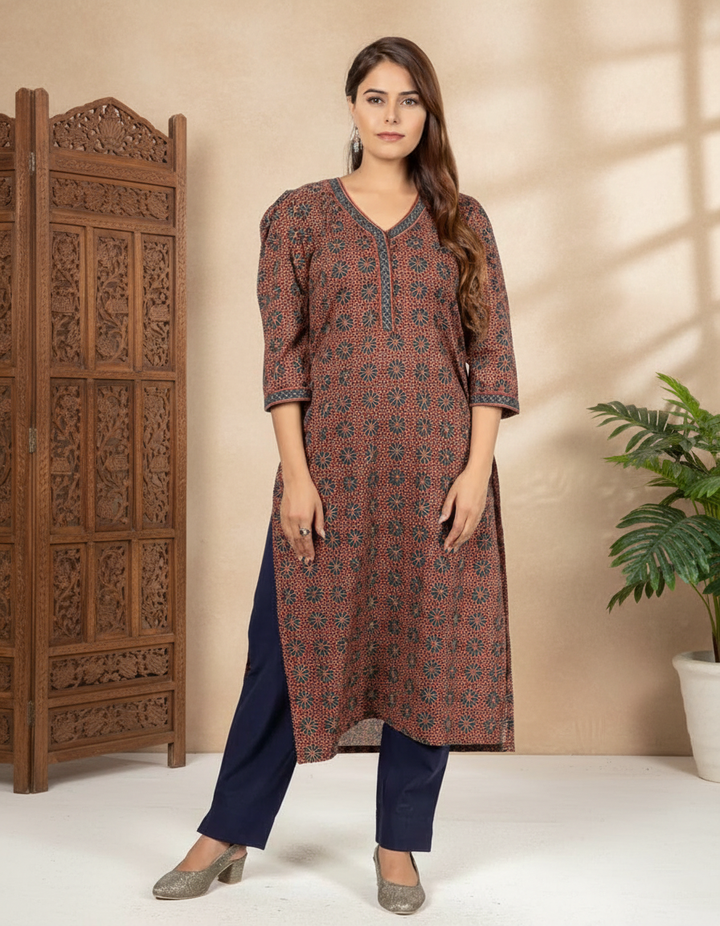 Maroon and Blue Bagru Print Cotton Kurta for Women - Jaipur Special
