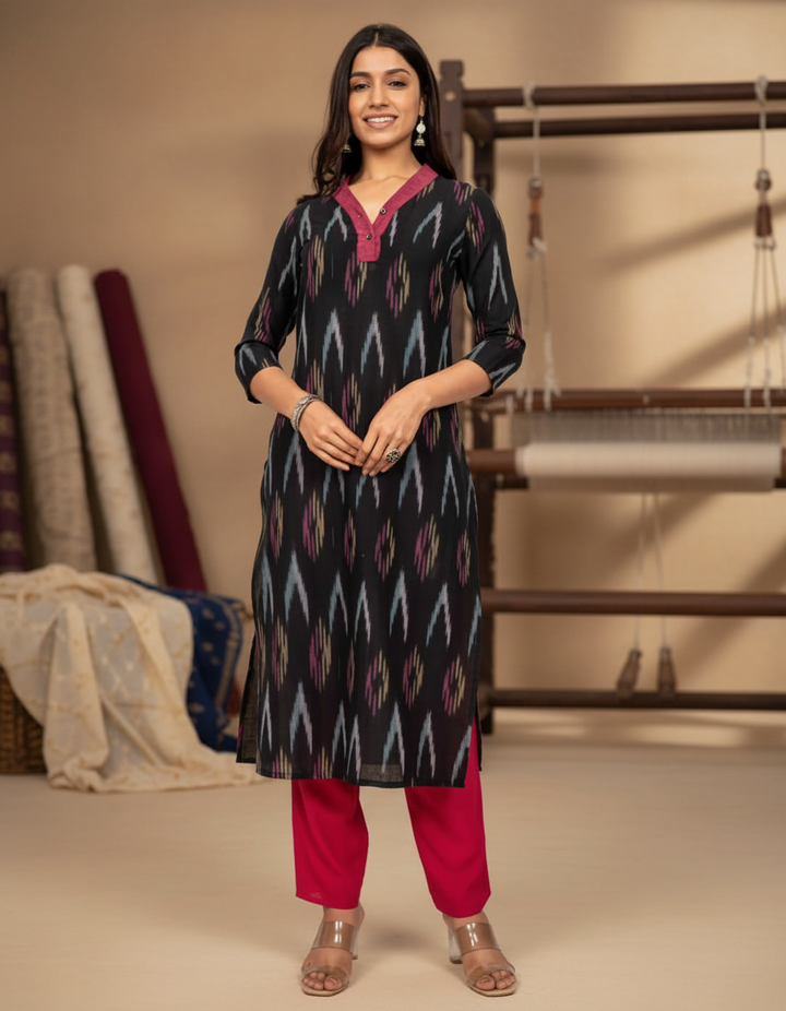 Black Ikat Straight Fit Kurta