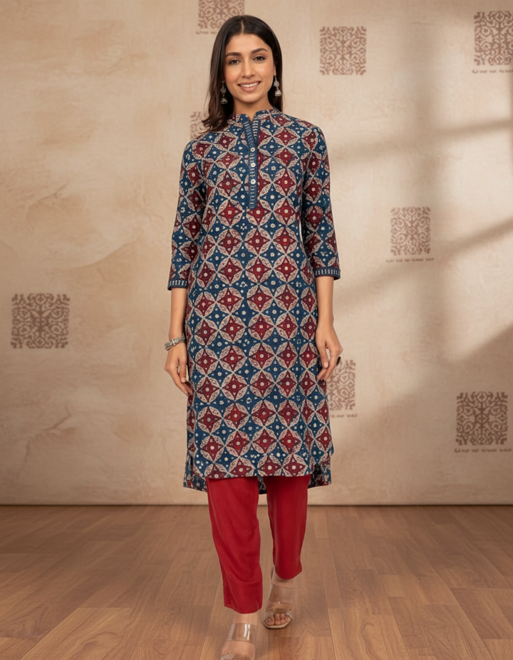 Navy High Low Cotton Kurta
