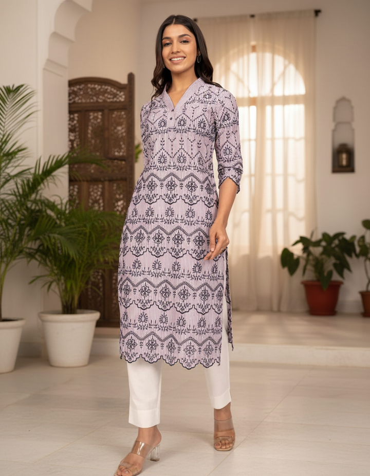 White and Brown Schiffli Kurta