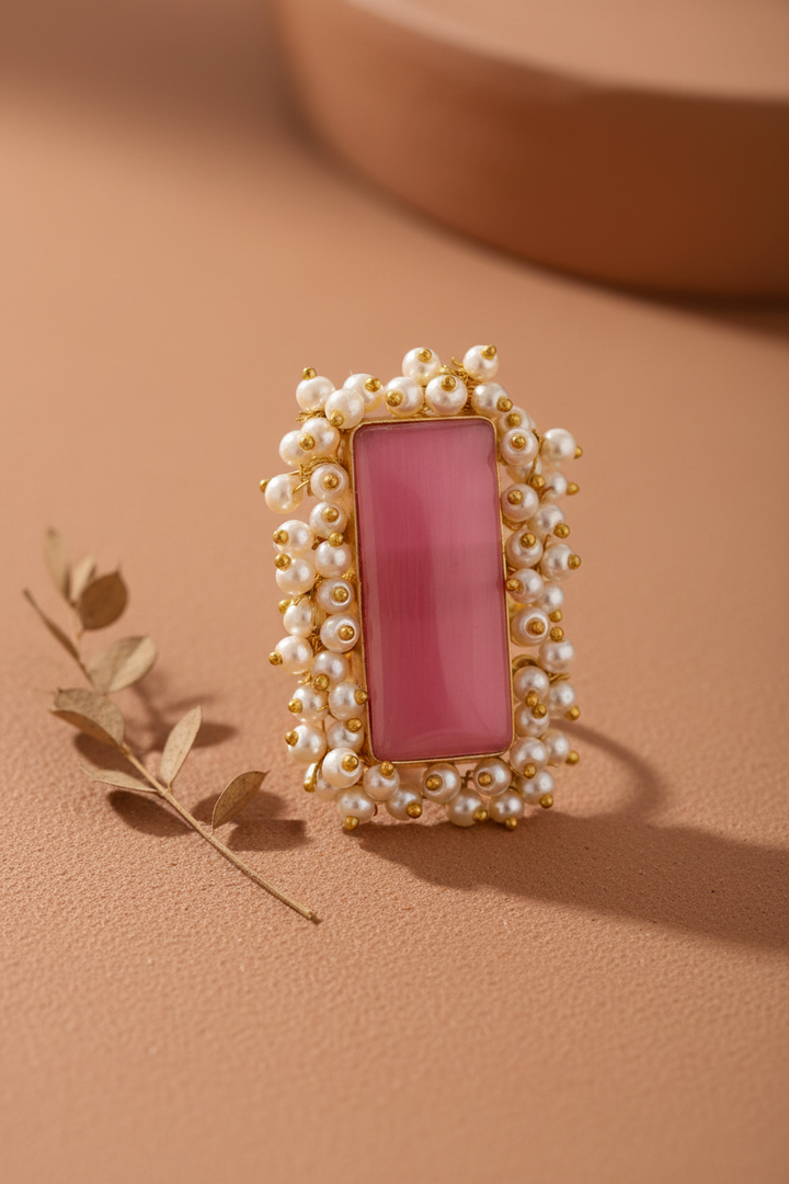 Dark Pink Pearls Embellished Hand Ring