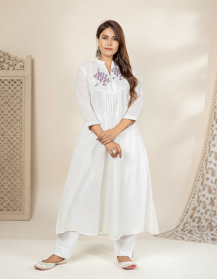 Off-White and Blue Chanderi Kurta for Women