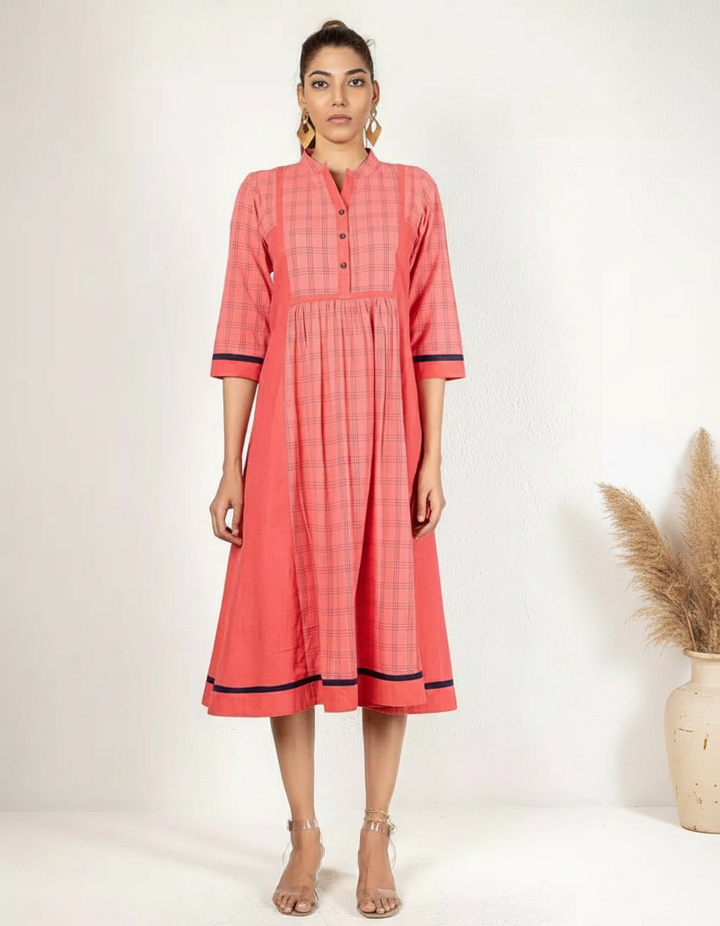 Pink and Deep Blue Woven Checked Kurta for Women