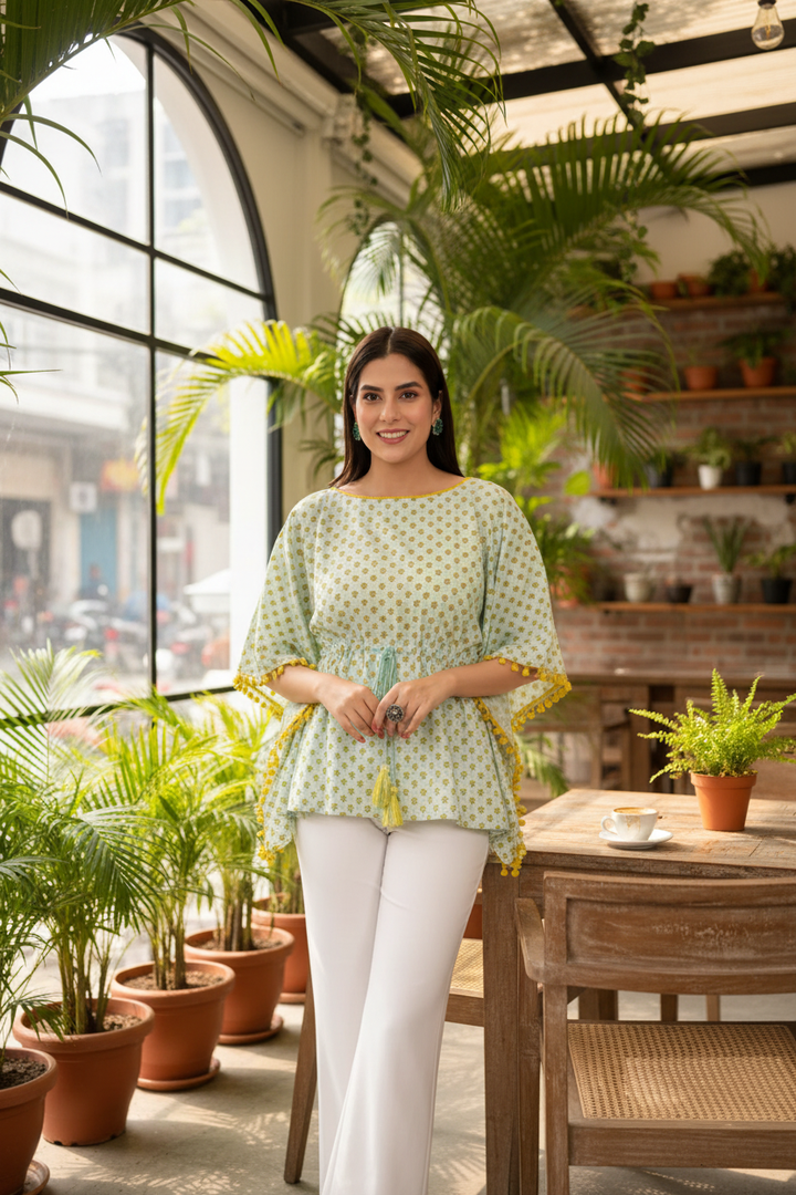 Mint Green Lotus Printed Short Kaftan
