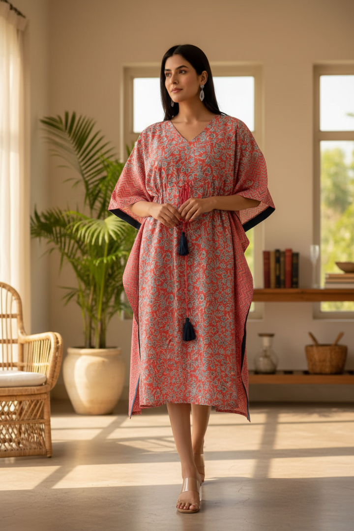 Coral Pink and Blue Printed Long Kaftan