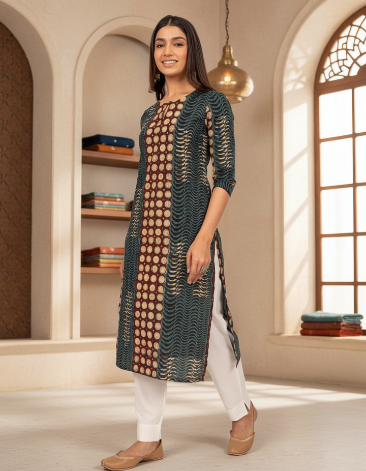 Brown &amp; Green Handblock Printed Cotton Kurta